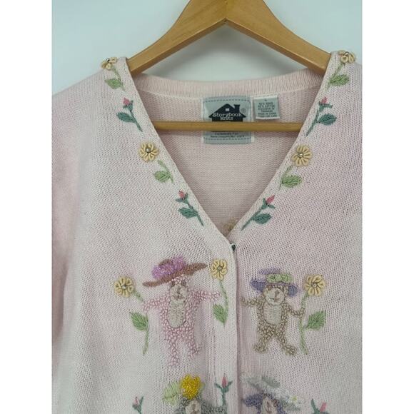 Vintage Storybook Knits L Monkey Bear Short Sleeve Cardigan Sweater Floral - Picture 4 of 13